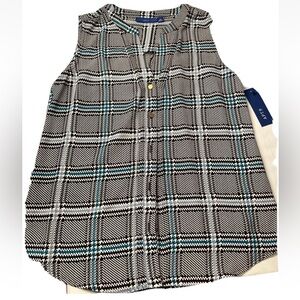 NEW Sleeveless Blouse Pintuck Button-Front Tank BLACK BLUE PLAID long XS Apt 9